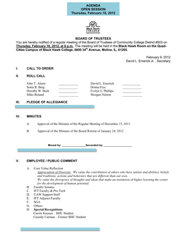 BOARD of TRUSTEES You Are Hereby Notified of a Regular Meeting of the Board of Trustees of Community College District #503 on Thursday, February 16, 2012, at 6 P.M