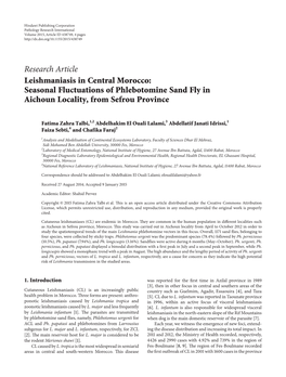 Leishmaniasis in Central Morocco: Seasonal Fluctuations of Phlebotomine Sand Fly in Aichoun Locality, from Sefrou Province