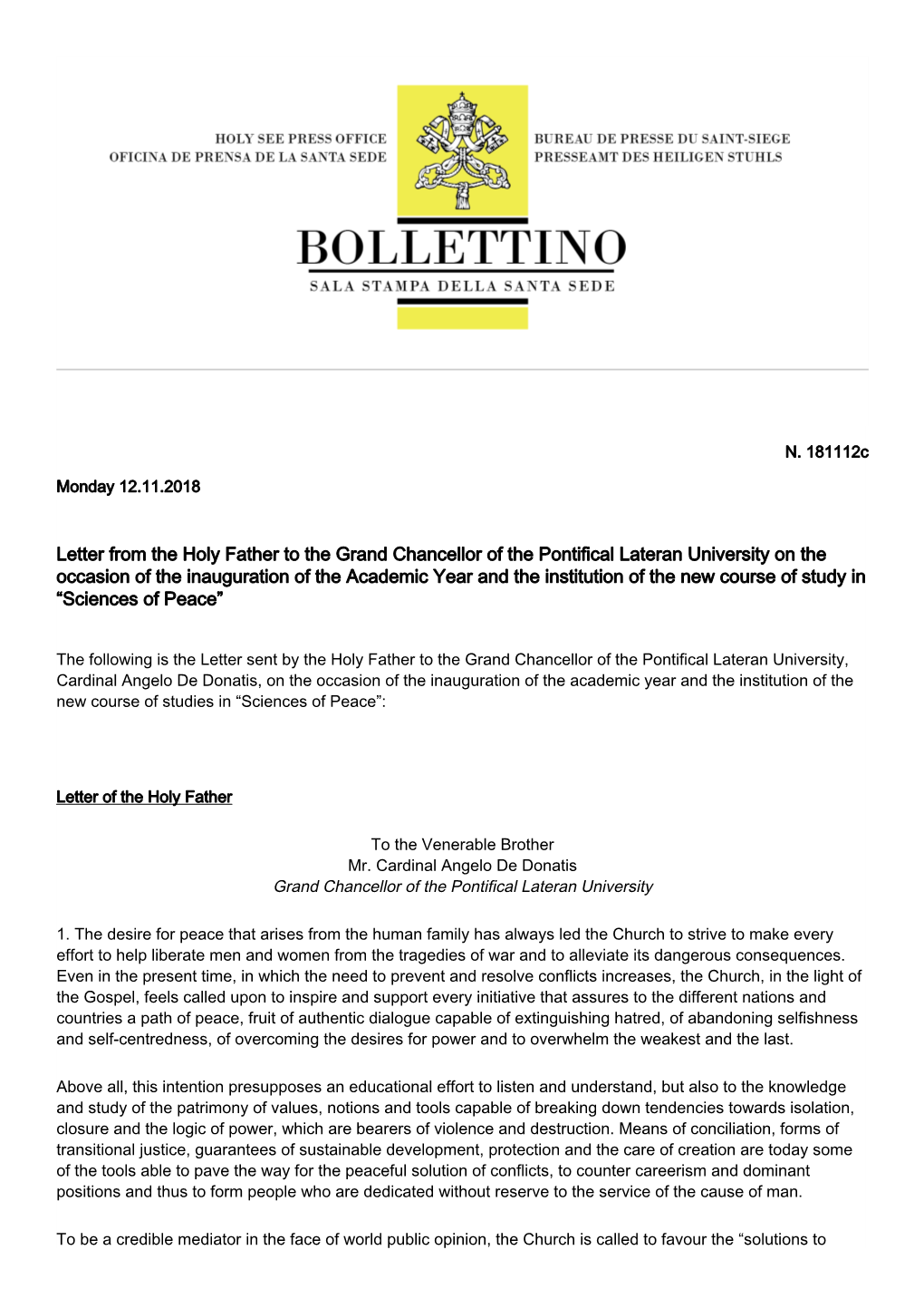 Letter from the Holy Father to the Grand Chancellor of the Pontifical