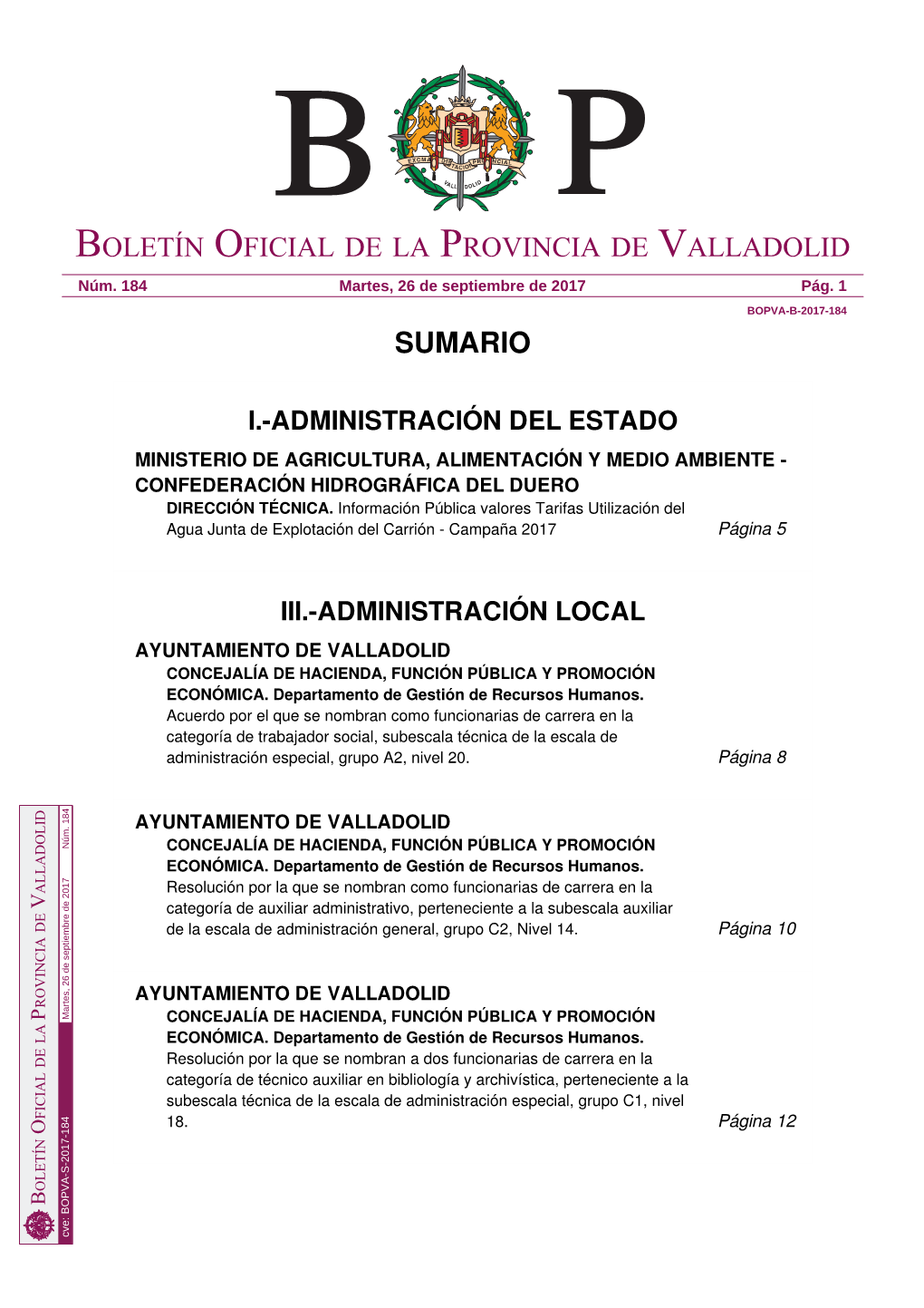 Sumario Boletín Oficial De La Provincia De Valladolid