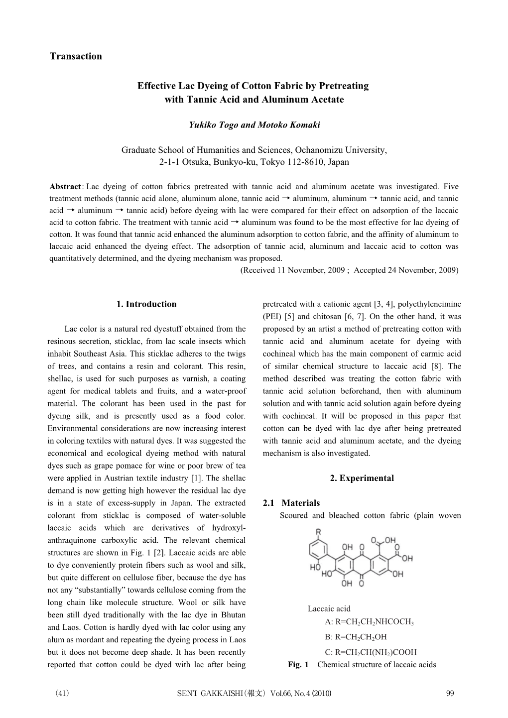 Effective Lac Dyeing of Cotton Fabric by Pretreating with Tannic Acid and Aluminum Acetate