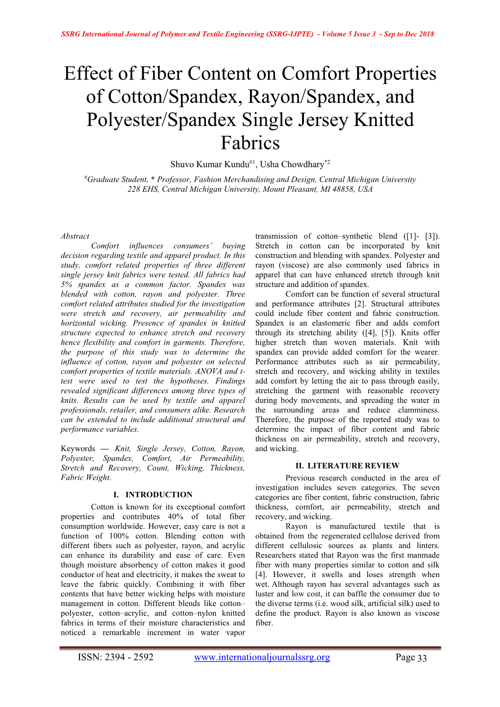 Effect of Fiber Content on Comfort Properties of Cotton/Spandex