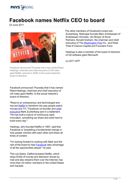 Facebook Names Netflix CEO to Board 23 June 2011