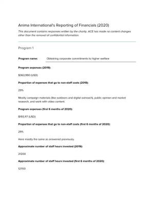 Anima International's Reporting of Financials (2020) This Document Contains Responses Written by the Charity