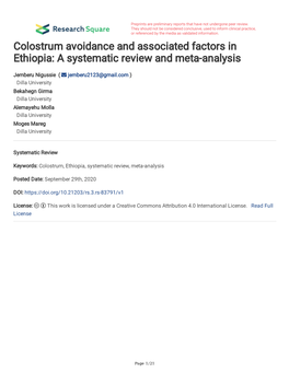 Colostrum Avoidance and Associated Factors in Ethiopia: a Systematic Review and Meta-Analysis