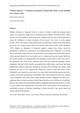 “Sanguis Effectum”: a Continued Investigation of Blood Effect Theory on the Reliability of Eye Witness Recall