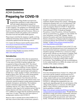 Preparing for COVID-19 Thought to Occur Mostly from Person-To-Person Via He American College Health Association Has Respiratory Droplets Among Close Contacts
