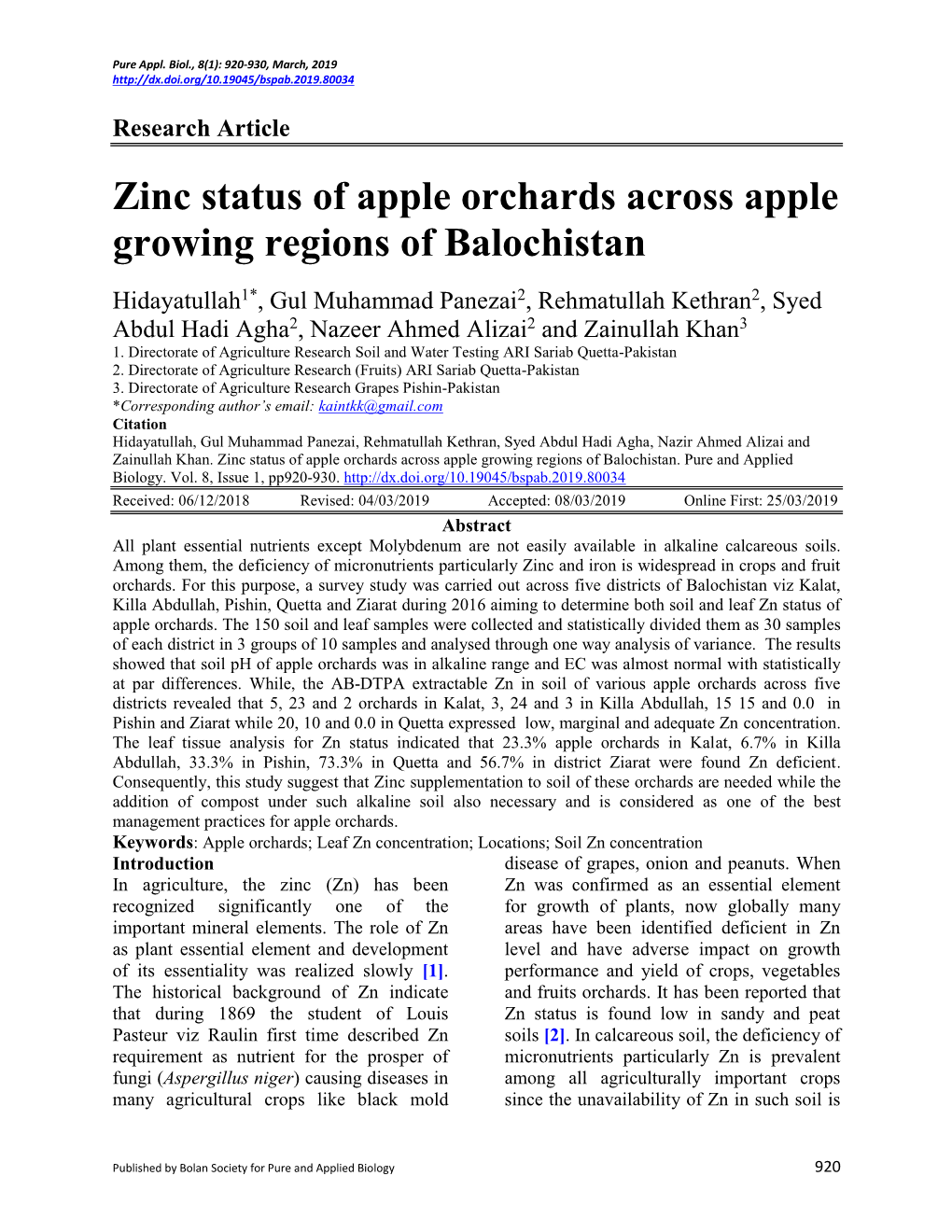 Zinc Status of Apple Orchards Across Apple Growing Regions of Balochistan