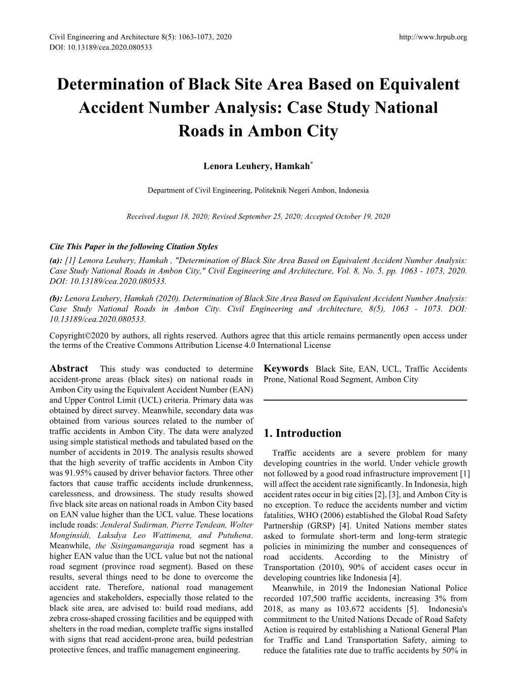 Determination of Black Site Area Based on Equivalent Accident Number Analysis: Case Study National Roads in Ambon City
