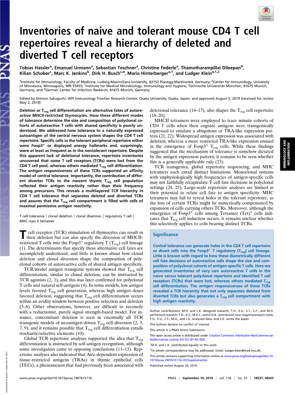 Inventories of Naive and Tolerant Mouse CD4 T Cell Repertoires Reveal a Hierarchy of Deleted and Diverted T Cell Receptors