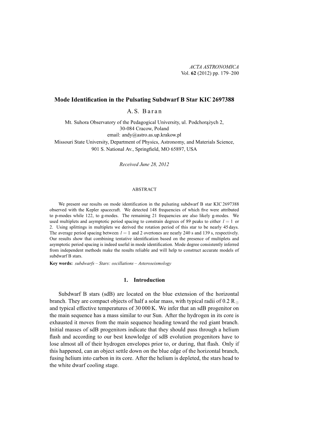 Mode Identification in the Pulsating Subdwarf B Star KIC 2697388 A.S