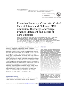 Criteria for Critical Care of Infants and Children: PICU Admission, Discharge, and Triage Practice Statement and Levels of Care Guidance Benson S