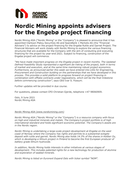 Nordic Mining Appoints Advisers for the Engebø Project Financing