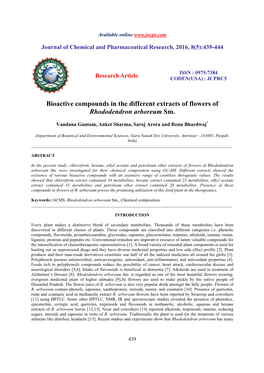 Bioactive Compounds in the Different Extracts of Flowers of Rhododendron Arboreum Sm