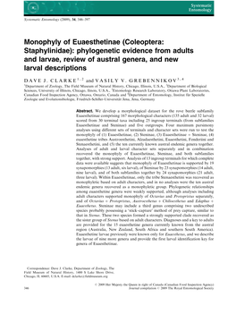 Monophyly of Euaesthetinae (Coleoptera: Staphylinidae): Phylogenetic Evidence from Adults and Larvae, Review of Austral Genera, and New Larval Descriptions