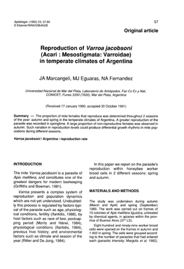 Reproduction of Varroa Jacobsoni (Acari : Mesostigmata: Varroidae) in Temperate Climates of Argentina