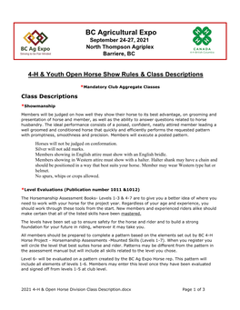 H4 4-H & Open Horse Division Class Description