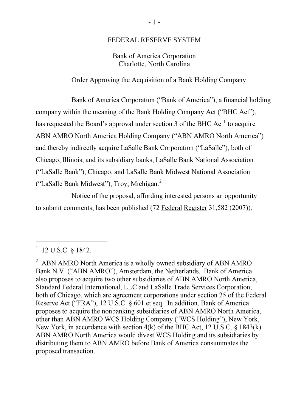 Approval of Proposal by Bank of America Corporation