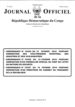 JOURNAL OFFICIEL Dela République Démocratique Du Congo Cabinet Du Président De La République