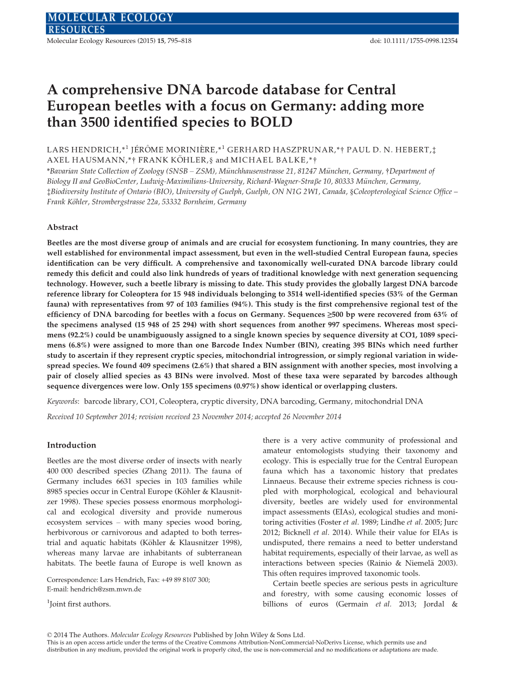 A Comprehensive DNA Barcode Database for Central European Beetles with a Focus on Germany: Adding More Than 3500 Identiﬁed Species to BOLD