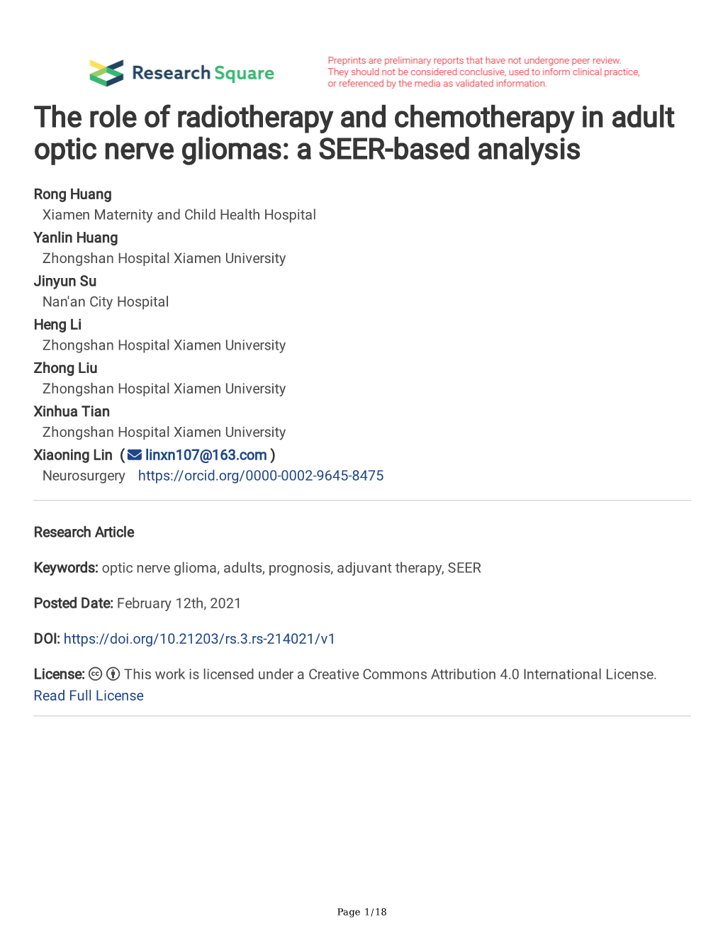 The Role of Radiotherapy and Chemotherapy in Adult Optic Nerve Gliomas: a SEER-Based Analysis