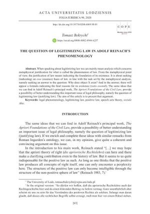 The Question of Legitimizing Law in Adolf Reinachâ•Žs Phenomenology