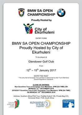 BMW SA OPEN CHAMPIONSHIP Proudly Hosted by City of Ekurhuleni