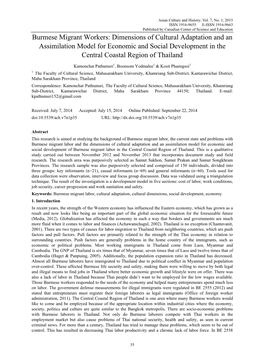 Burmese Migrant Workers: Dimensions of Cultural Adaptation and an Assimilation Model for Economic and Social Development in the Central Coastal Region of Thailand