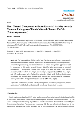 Plant Natural Compounds with Antibacterial Activity Towards Common Pathogens of Pond-Cultured Channel Catfish (Ictalurus Punctatus)