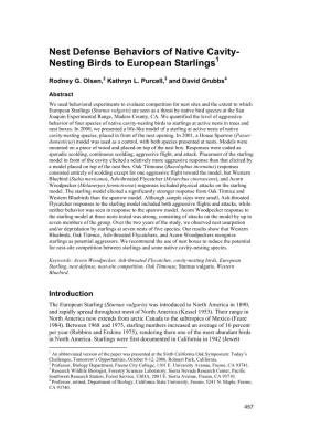 Nest Defense Behaviors of Native Cavity- Nesting Birds to European Starlings1