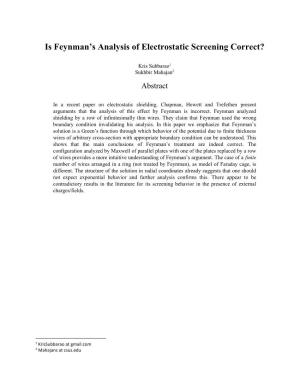 Is Feynman's Analysis of Electrostatic Screening Correct?