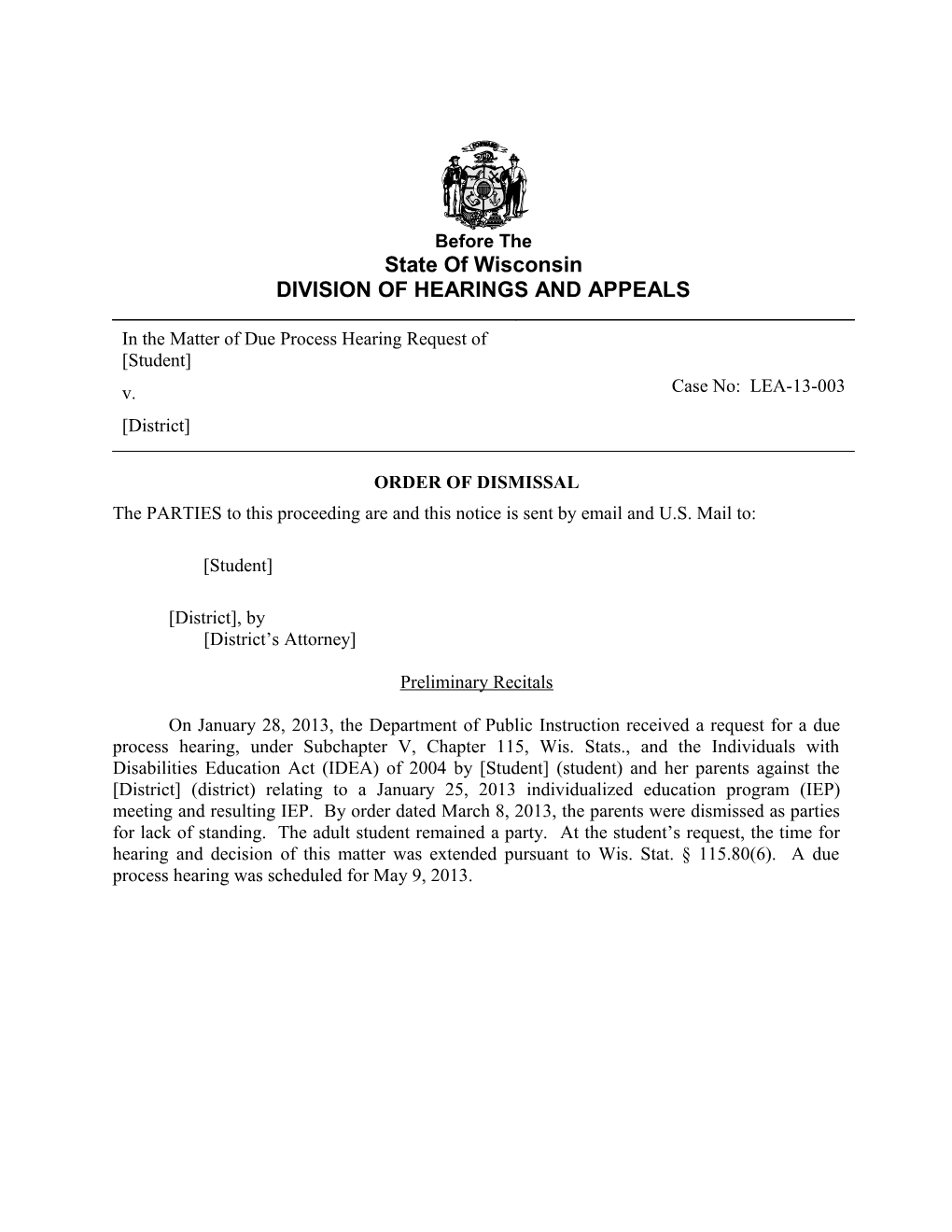 Order of Dismissal