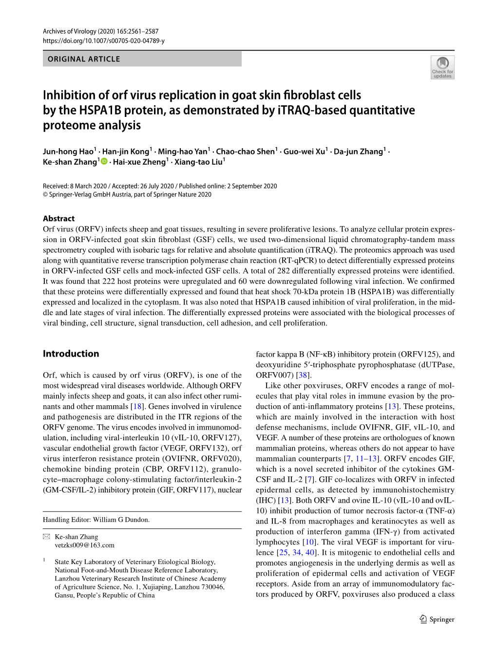 Inhibition of Orf Virus Replication in Goat Skin Fibroblast Cells by the HSPA1B