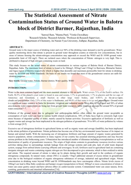 The Statistical Assessment of Nitrate Contamination Status of Ground Water in Balotra Block of District Barmer, Rajasthan, India
