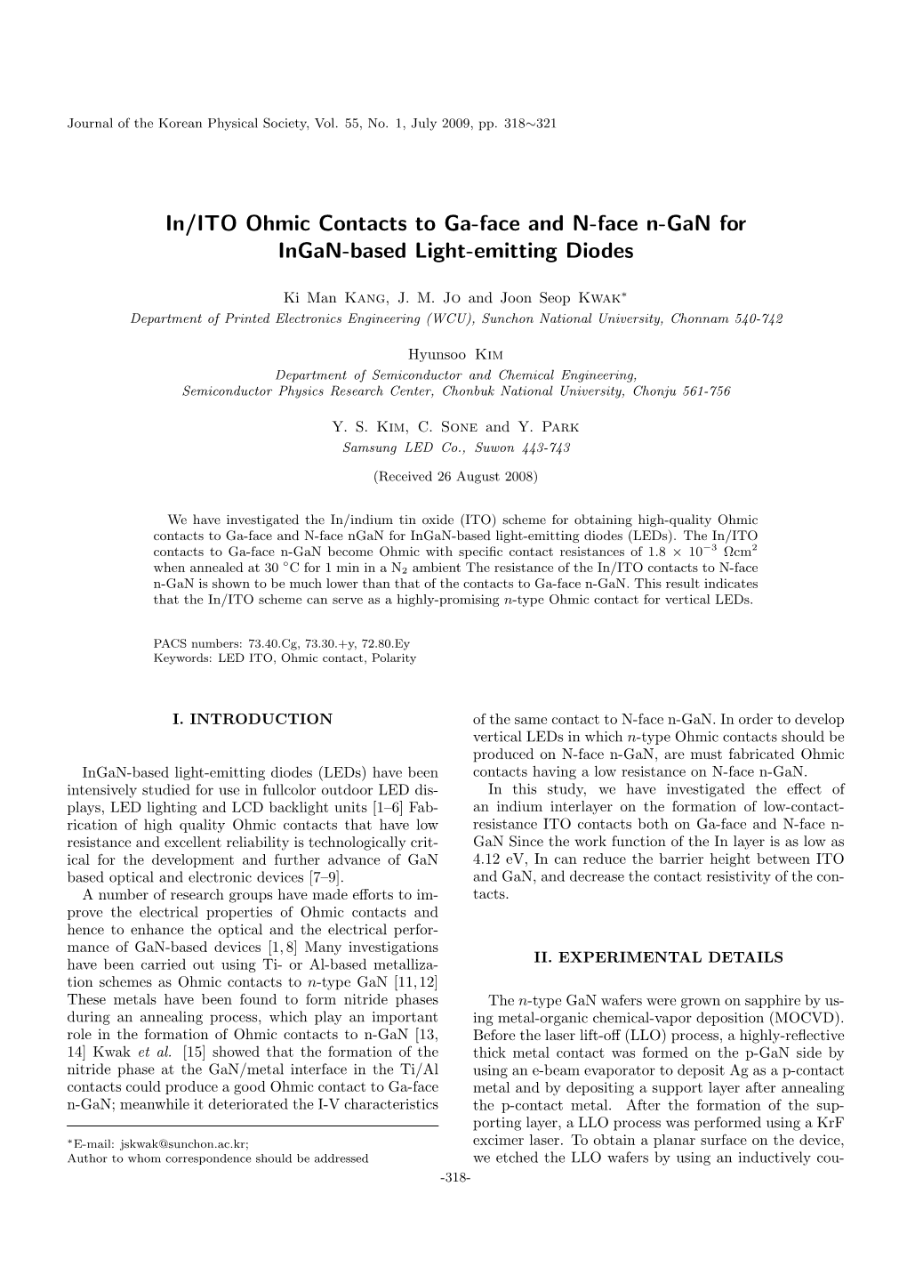 In/ITO Ohmic Contacts to Ga-Face and N-Face N-Gan for Ingan-Based Light-Emitting Diodes