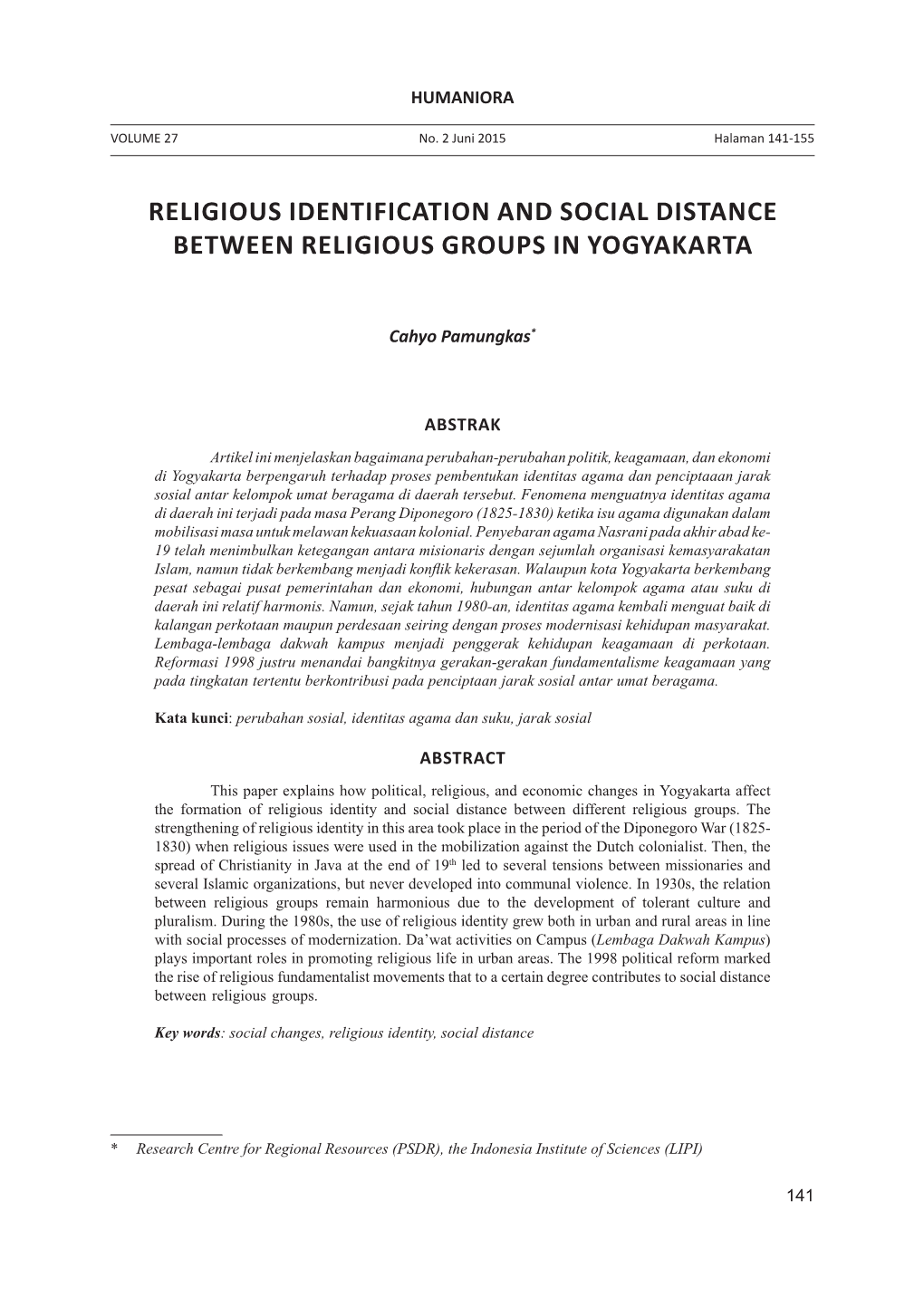 Religious Identification and Social Distance Between Religious Groups in Yogyakarta