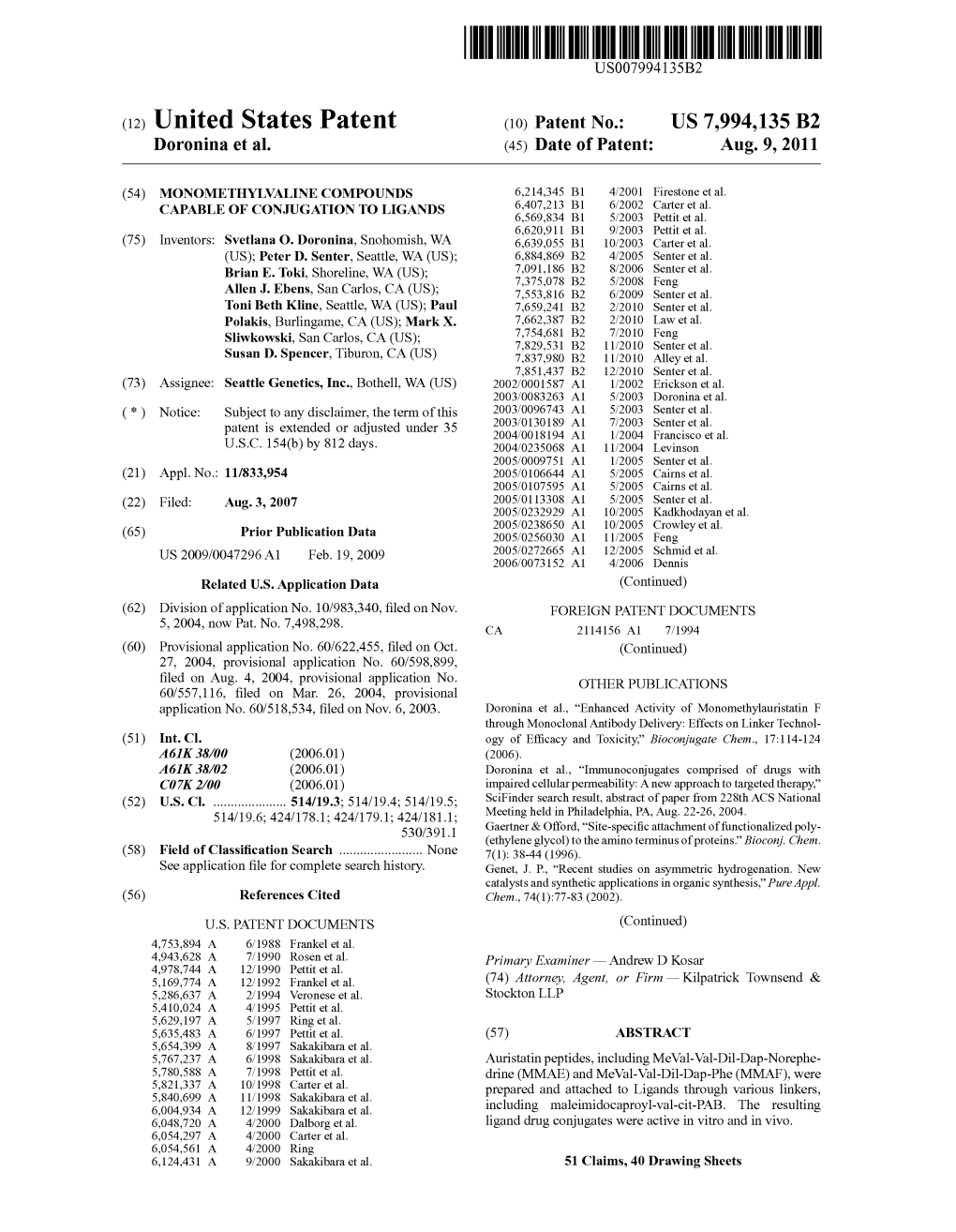 (12) United States Patent (10) Patent No.: US 7,994,135 B2 Doronina Et Al