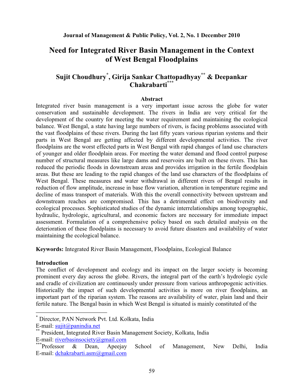 Need for Integrated River Basin Management in the Context of West Bengal Floodplains