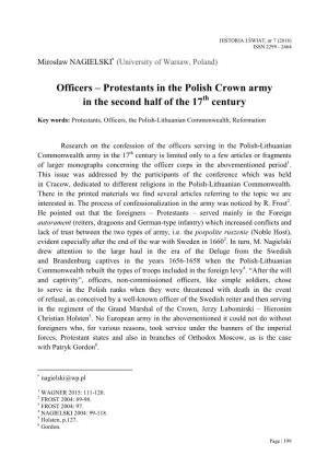 Officers – Protestants in the Polish Crown Army in the Second Half of the 17 Century