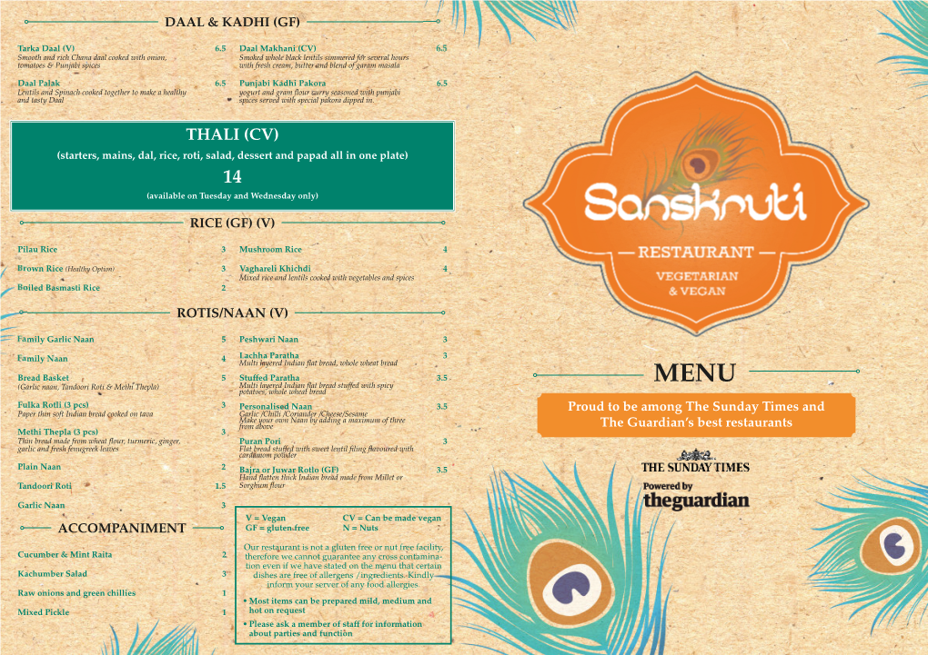 THALI (CV) (Starters, Mains, Dal, Rice, Roti, Salad, Dessert and Papad All in One Plate) 14 (Available on Tuesday and Wednesday Only)