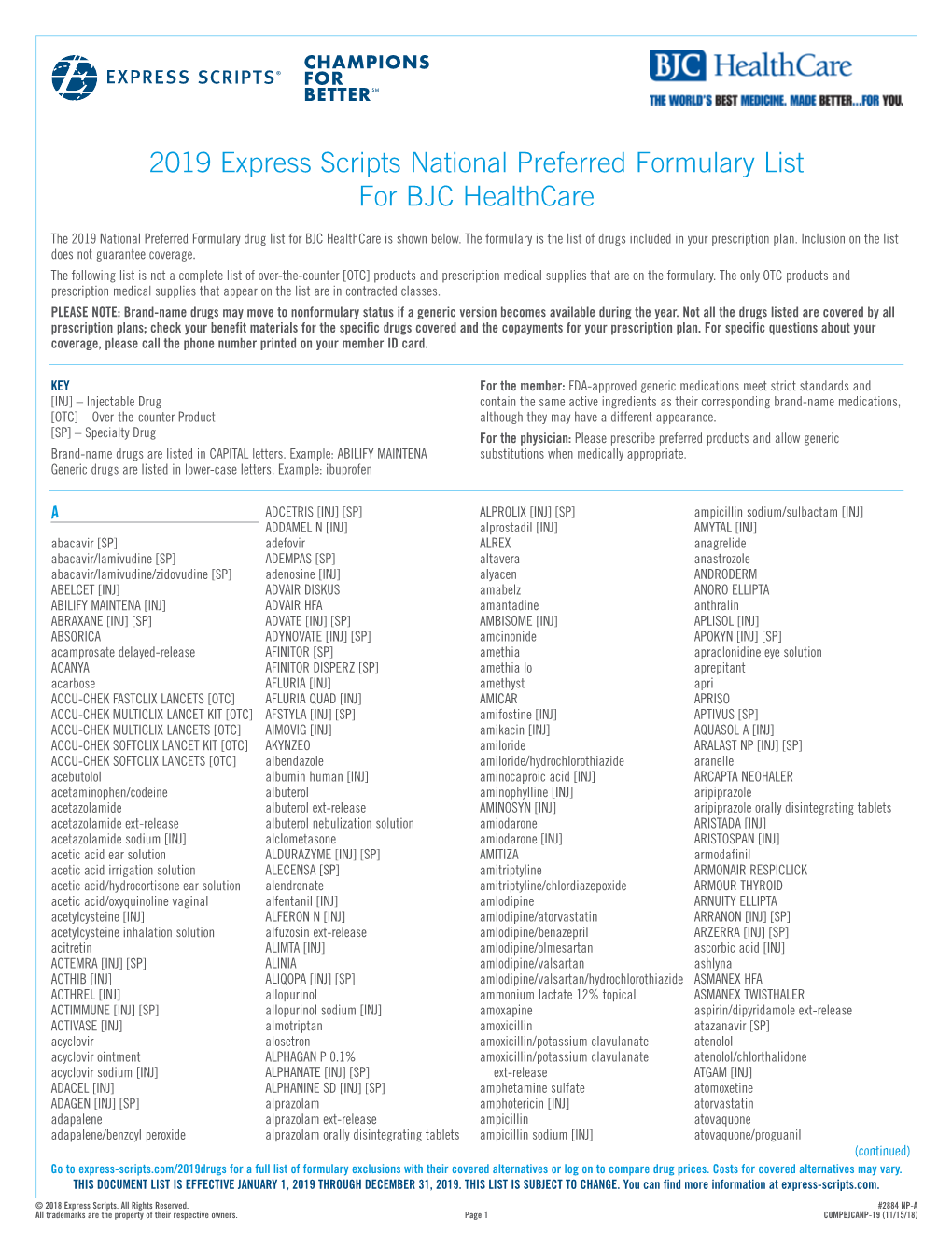 2019 National Preferred Formulary List for BJC Healthcare
