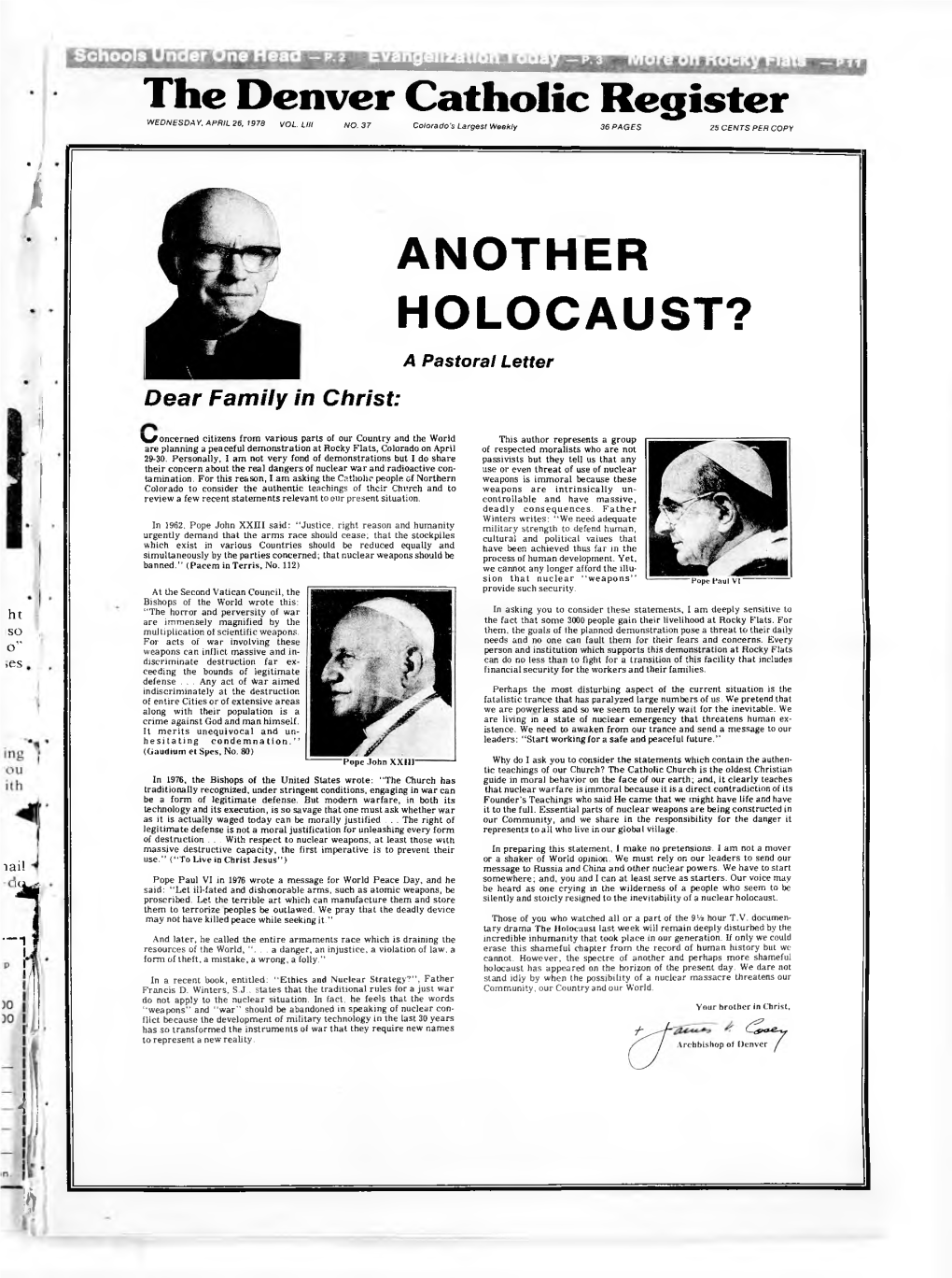 ANOTHER HOLOCAUST? a Pastoral Letter Dear Family in Christ