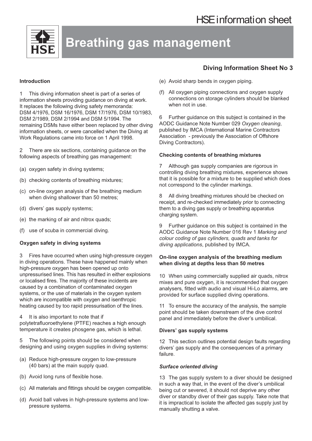 Diving Information Sheet No 3 Breathing Gas Management