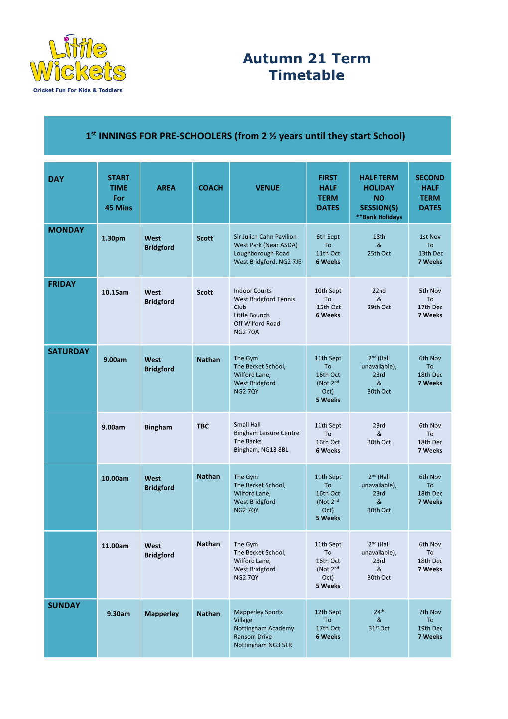 Autumn 21 Term Timetable