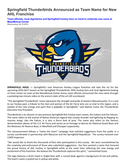 Springfield Thunderbirds Announced As Team Name for New AHL