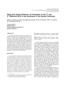 Metal and Social Relations of Production in the 3Rd and 2Nd Millennia BCE in the Southeast of the Iberian Peninsula