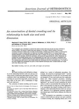 American Journal of ORTHODONTICS an Examination of Dental Crowding and Its Relationship to Tooth Size and Arch Dimension