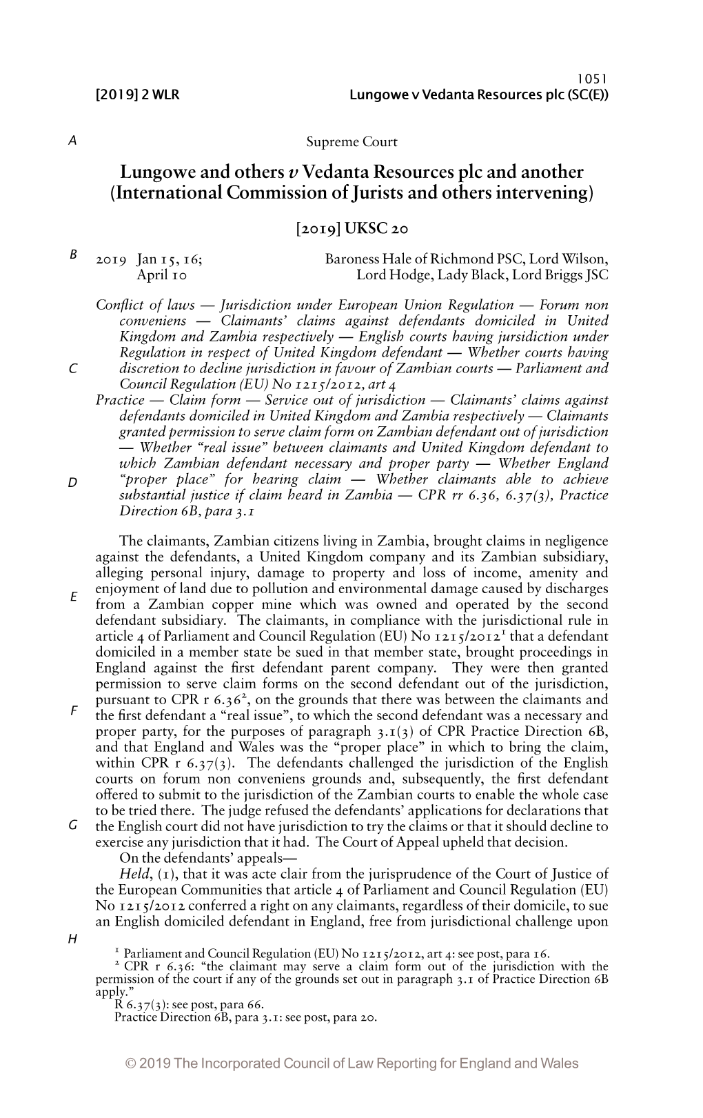 Lungowe and Others V Vedanta Resources Plc and Another (International Commission of Jurists and Others Intervening)