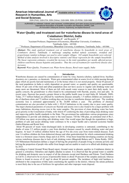 Water Quality and Treatment Cost for Waterborne Disease in Rural Areas of Coimbatore District, India Manikandan.R* and Boopathi