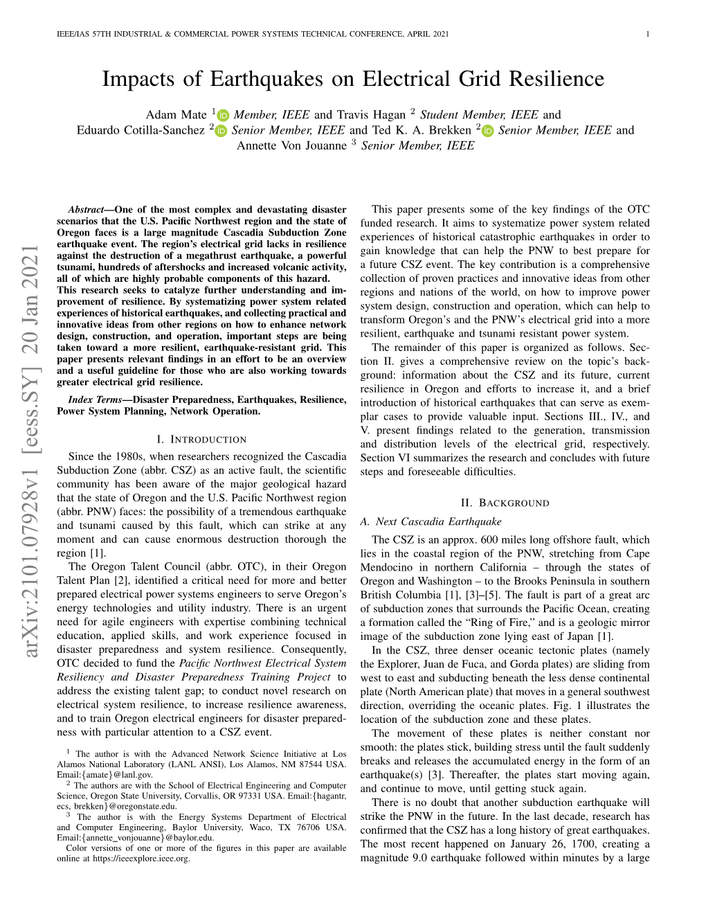 Impacts of Earthquakes on Electrical Grid Resilience